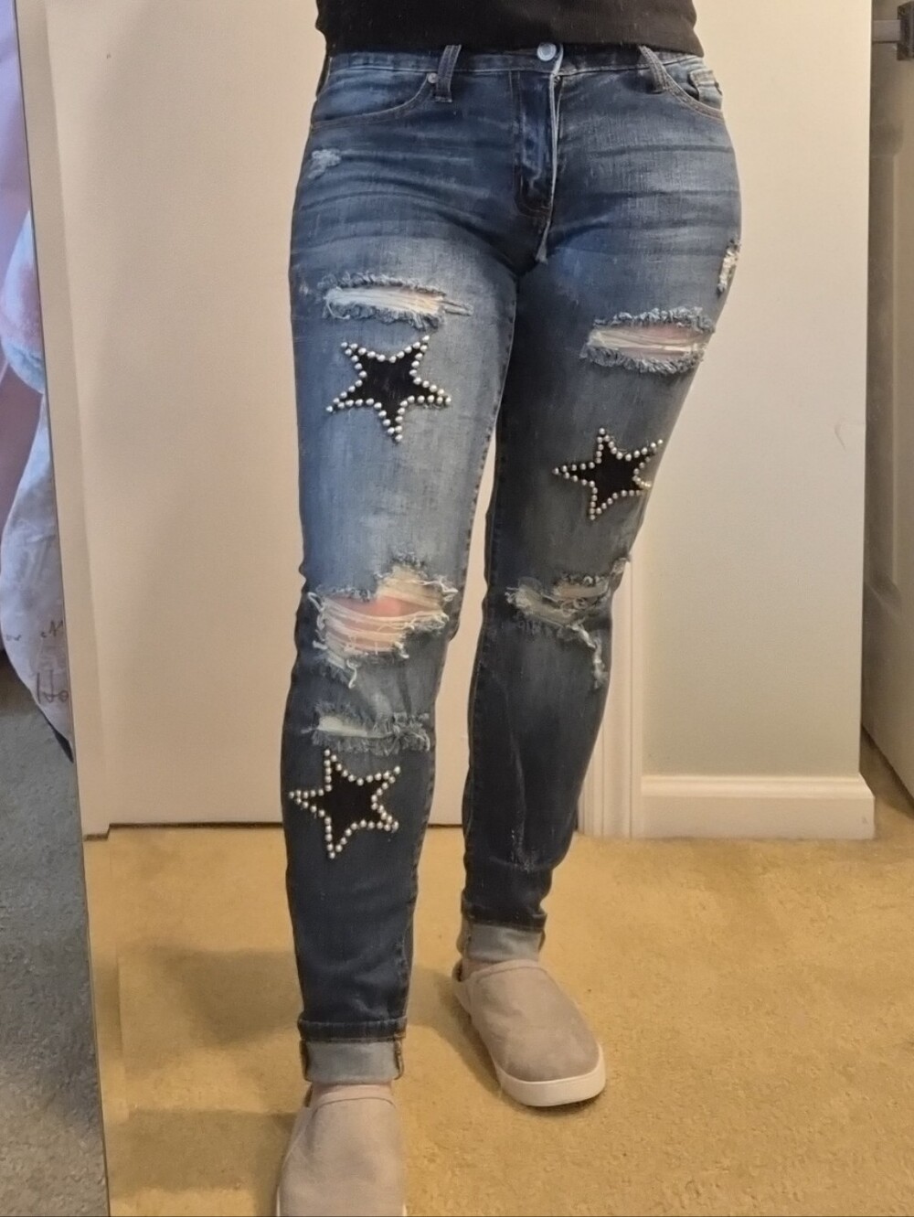 KanCan Mid Blue Distressed Skinny Jeans with Star Pearl Accents
